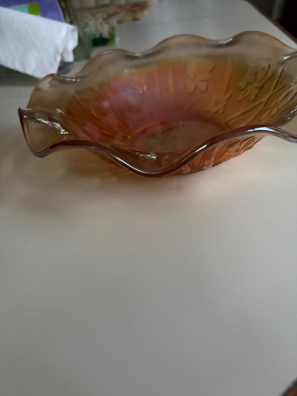 Vintage Carnival Glass Marigold Bowl Ruffled Flowers & Stems 9"x2.5"